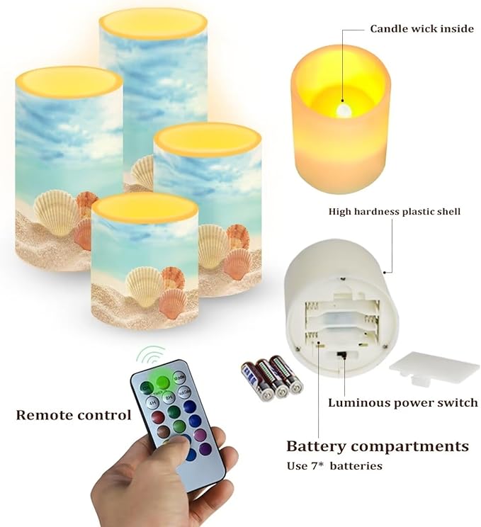 Flameless Candles with Remote Control, Set of 4, Color Changing Flickering Flameless LED Pillar Candles with Battery Operated, Beach Seashell Blue Decor
