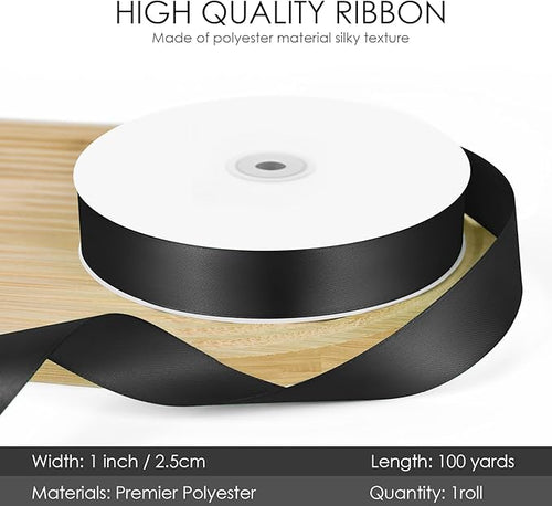 100 Yards 1 inch Satin Ribbon, Fabric Ribbon Solid Color Perfect for Gift Wrapping, Wedding, Handmade Bows, Floral Bouquets and Party Decoration(Black)