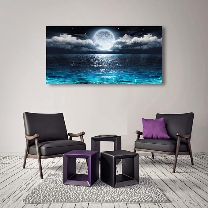 Wall Art Moon Sea Ocean Landscape Picture Canvas Wall Art Print Paintings Modern Artwork for Living Room Wall Decor and Home Décor Framed Ready to Hang,28x57inches,1inch Thick Frame,Waterproof Artwork