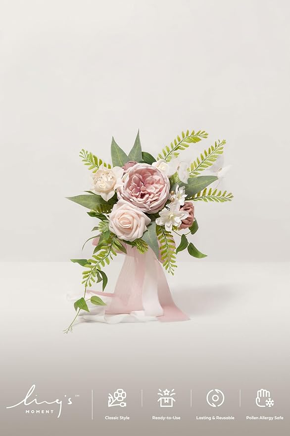 Ling's moment Artificial Flowers Pink Bridesmaid Bouquet Set of 6, Dusty Rose Wedding Flowers Bouquets for Bridesmaids, 7 Inch Bridal Bouquets for Bridesmaids, Wedding, Ceremony, Anniversary, etc