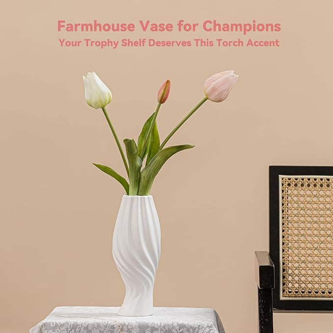 White Ceramic Torch Vase with Spiral Design - 8.8" Unique Flower Vase for Pampas Grass & Centerpieces, Decorative Boho/Farmhouse Vase for Living Room, Office Desk & Gift for Her/Yourself