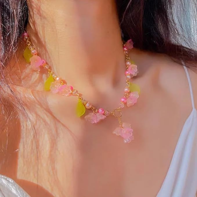 LadayPoa 100pcs Glass Bellflower Beads for Jewelry Making Trumpet Flower Beads Gradient Clear Cute Beads for Bracelets Making Aesthetic Bead Charms for DIY Necklace Decoration-Pink Yellow