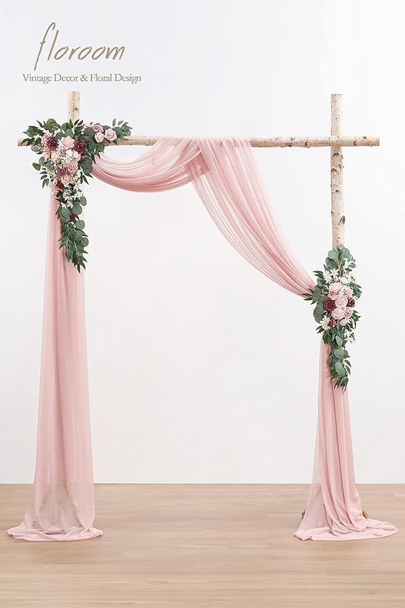 Floroom Arch Flowers with Drapes Kit (Pack of 4) - 2pcs Artificial Dusty Rose & Burgundy Floral Swag Arrangement with 2pcs Draping Fabric for Wedding Ceremony Arbor and Reception Backdrop Decoration