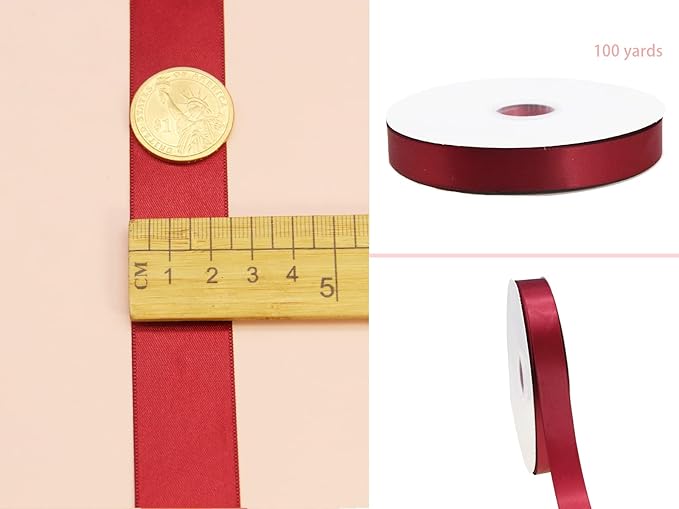 Maroon Double Faced Satin Ribbon 1 inch Flower Boutique Gift Wrapping Ribbon 25mm 100yards Continuous Fabric Silk Bow Ribbon- DIY Crafts Hair Headband-Sewing-Wedding Decorations-Valentine's Day