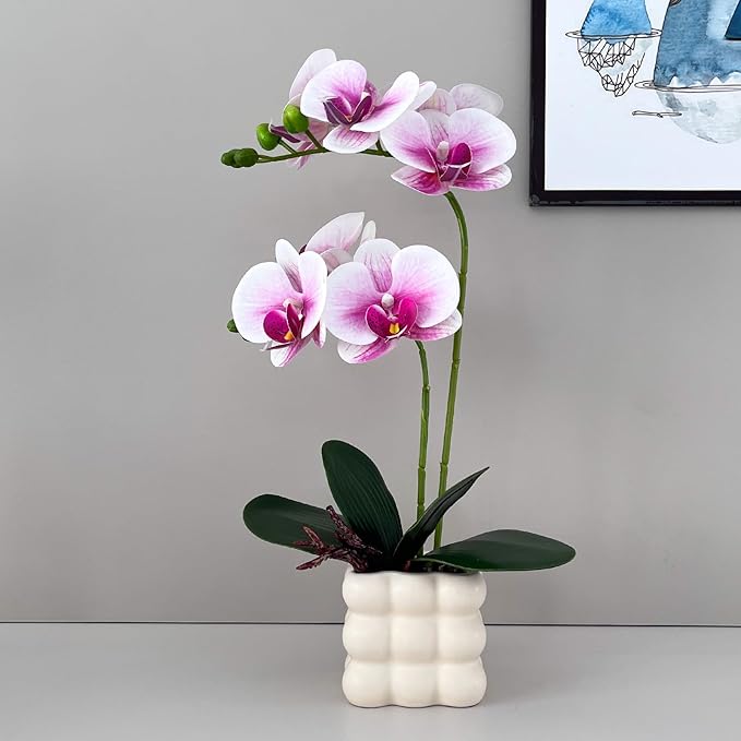 Artificial Orchids in Vase, Purple and White, 14 in Height, Home Decor Orchid Artificial Flowers