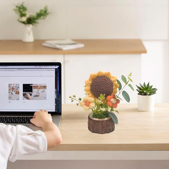 Handmade Crochet Knitted Sunflower Bouquet Creative Knitted Potted Plant Mini Cute Home Desktop Decorations and Gifts for Friends, Lovers, Classmates