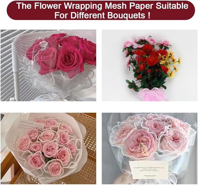 3PCS Flower Wrapping Mesh Paper，SEILETOO 4.37 Yards Pearl Edge Bouquet Packaging Paper for Party Favor Decor, Florist Supplies Wedding Gift Packaging