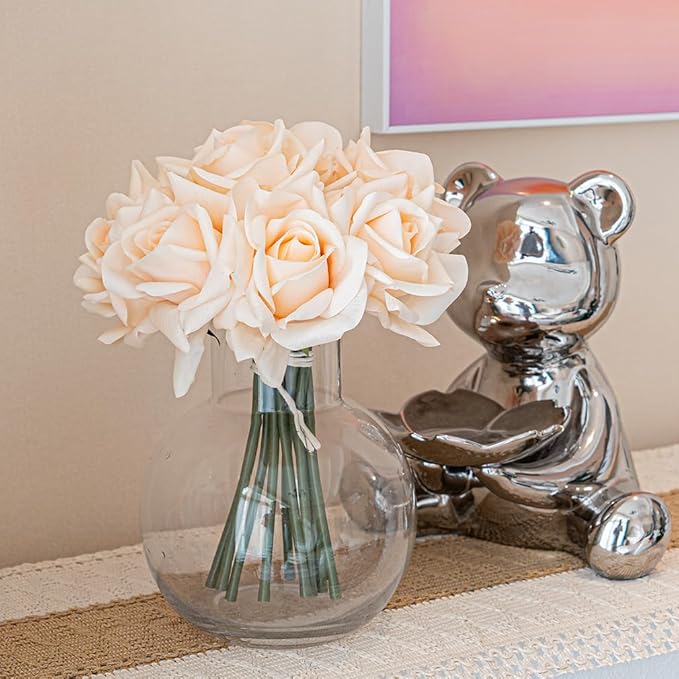 Artificial Roses Single Stem 10pcs Fake Silk Flower Arrangement Bouquet Real Touch for Home Party Wedding Decoration(Champagne)