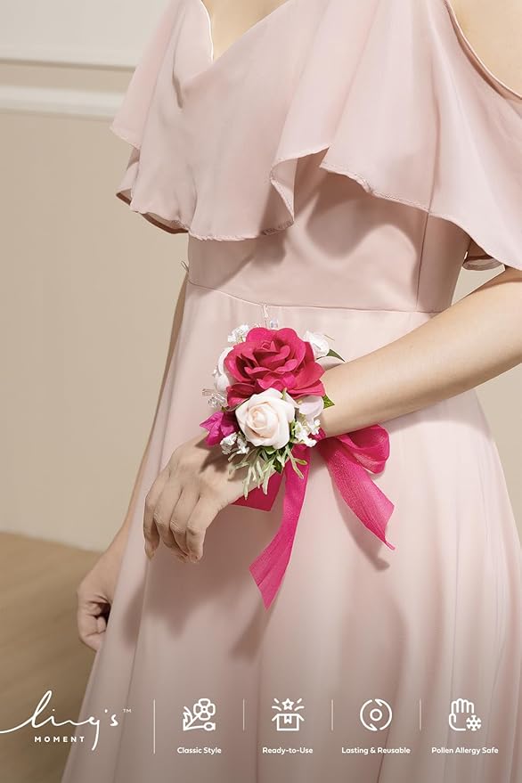 Ling's moment 6pcs Wedding Wrist Corsage Artificial Flowers, Girl/Mother Homecoming Prom Corsages Wristlet Décor, etc. Hot Pink Magenta