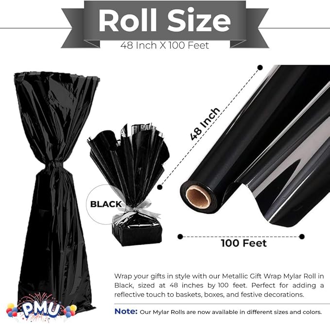 PMU Gift Wrap Mylar Roll Metallic Black 2-sided, 48 Inches X 100 Ft Roll 1.4 Mil Highly Reflective Mylar Film, Great for Gifts, Birthdays, Christmas, Baskets, Arts & Crafts