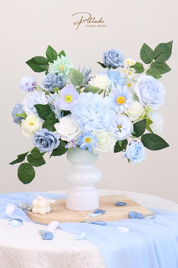 Artificial Flower Combination Box Set Artificial Flower Loose Leaves and Stems DIY Wedding Center Bouquet Bride Wedding Baby Shower(Fresh Light Blue)