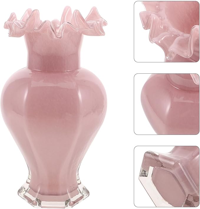 Luxshiny Handblown Glass Vase with Pearlescent Finish Artistic Ripple Mouth Design Sturdy Glass Hydroponic Flower Vase for Home Decoration Living Office Centerpiece Wedding Table Decor in