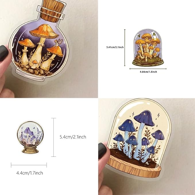 50 Pcs Vintage Mushroom Jar Stickers, Transparent Cartoon Aesthetic Stickers, Waterproof PET Vinyl Decals for Scrapbooking, Journaling, Laptop, Water Bottle, Phone Case Decoration