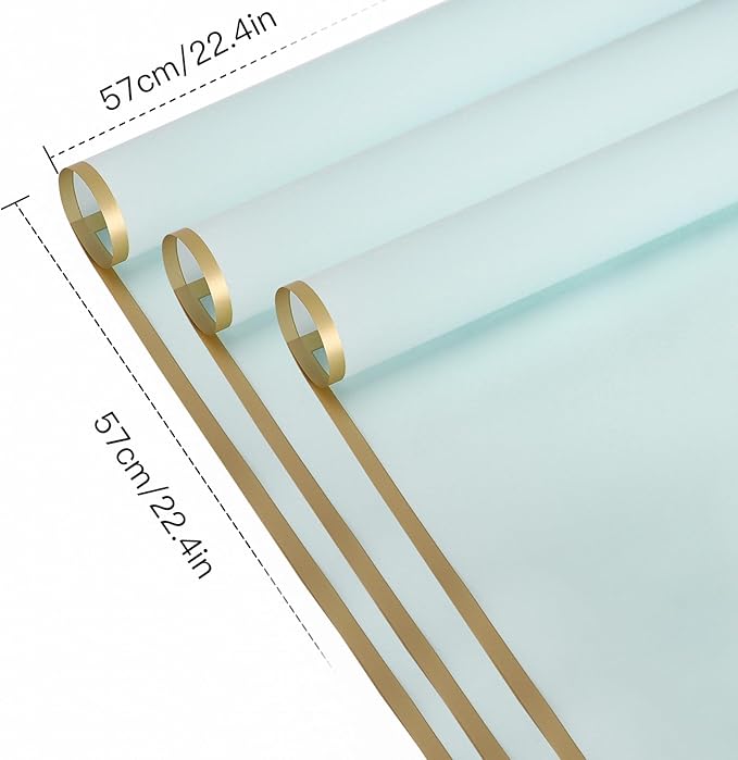 WRAPAHOLIC 20 Sheets Flower Wrapping Paper - 22.4 x 22.4 inch Gold Trim Light Blue Water-Resistant Floral Bouquet Wrapping Paper, Florist Supplies Packaging Paper for Wedding Birthday Gift DIY