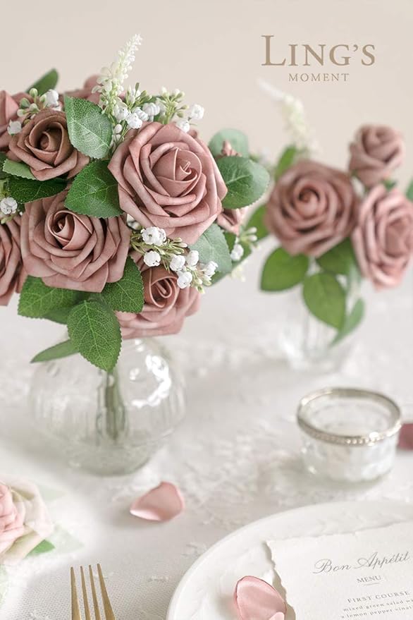 Ling's moment Artificial Flowers 50Pcs Dusty Rose Roses Decor w/Stems,3" Real Touch DIY Foam Floral for Wedding Bouquet/Centerpieces, Outdoors Party Backdrop, Room/Table, and Garden/Pot Decorations