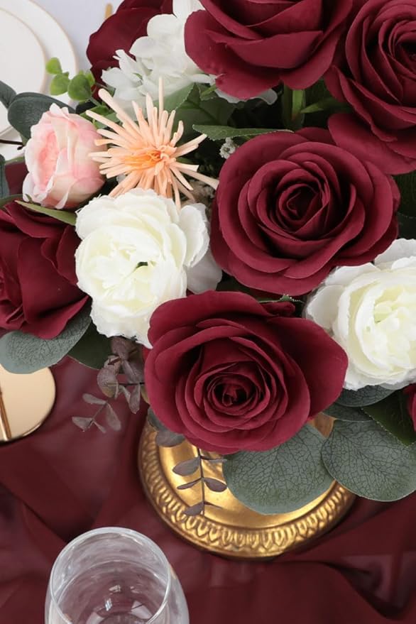 30pcs Roses Artificial Flowers Fake Flowers with Long Stems Burgundy Silk Flowers for Wedding Bouquet Centerpices Decorations Party Bridal Baby Shower Home Decor