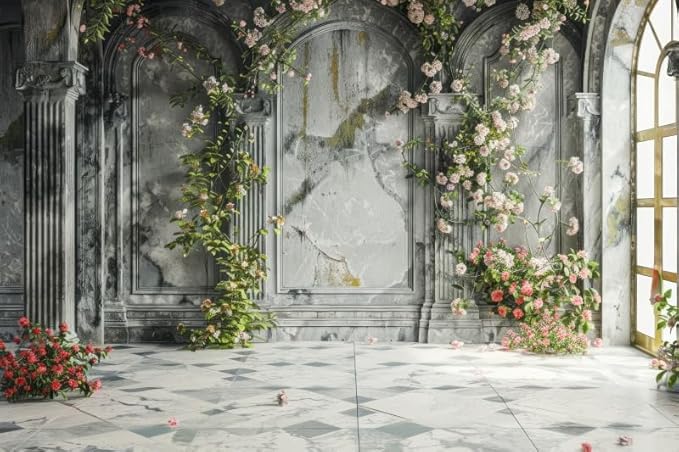 7x5ft Countryside Wedding Flowers Backdrop Vintage Pink Wildflower Old Palace Wall Photography Background for Valentines Day Bridal Shower Birthday Mothers Day Princess Couples Portraits