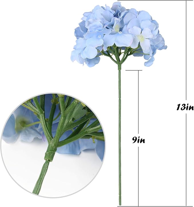 Flojery Silk Hydrangea Heads Artificial Flowers Heads with Stems for Home Wedding Decor,Pack of 10 (Blue)