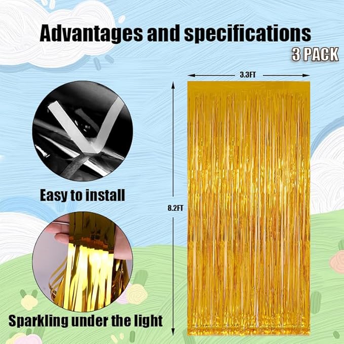 Keyali 3 Pack 3.3 * 8.3 ft Foil Curtain Metallic Tinsel Fringe Curtains Photo Booth Props Backdrop for Birthday Wedding Engagement Baby Shower Christmas Holiday Celebration Partyl,Gold