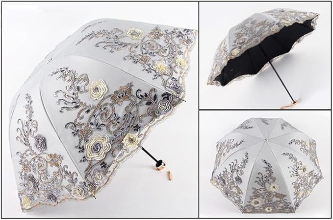 Katutude Vintage Lace Umbrella Floral Lace Parasol Wedding Bridal Umbrella Compact Lightweight Windproof Folding Umbrella UV Protection Sun Umbrella Portable Umbrella with Storage Bag