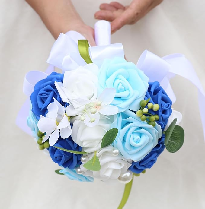Lightweight Bridal Wedding Bouquet Round Holding Bouquet Throw Toss Artificial Rose Flower Bunch for Bride Bridesmaid Wedding Quinceanera (White, Royal Blue & Light Blue, 9.1")