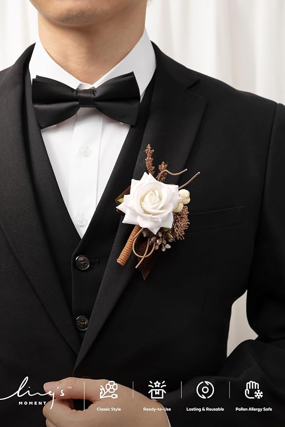 Ling's moment Boutonniere for Men, 6pcs Groom Groomsmen Boutonniere, Artificial Flowers for Wedding Decor/Prom/Homecoming, etc.Sand Beige White