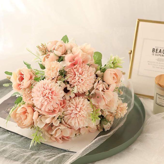 Nubry 3pcs Artificial Flowers Bouquet Fake Peony Silk Hydrangea Wildflowers Arrangements with Stems for Wedding Home Centerpieces Decor (Light Pink)