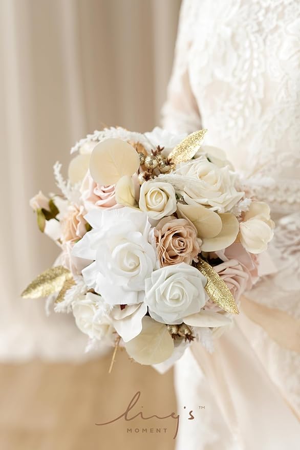 Ling's moment Boho Bridal Bouquet for Bride, Rustic Wedding Bouquets for Bride, 13 Inch Beige Nude Silk Round Artificial Wedding Flowers Bouquets