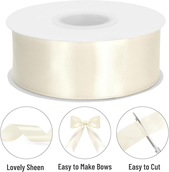 KINGLAKE Pearl Ivory Satin Ribbon – 1 1/2'' x 100 Yards Polyester Ivory Ribbon for Gift Wrapping, Wedding, Party Decoration, DIY Crafts, Floral Bouquets and Wreath Bows