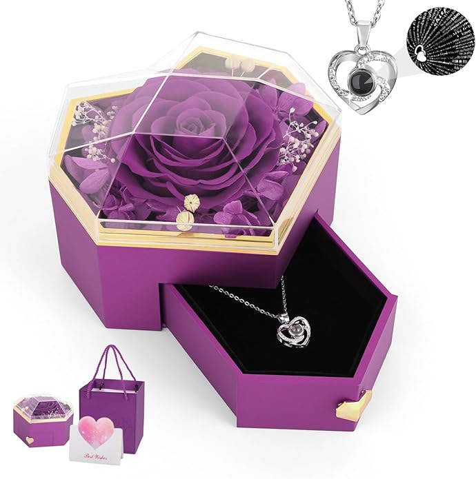 Emibele Preserved Rose Gifts for Women, Eternal Flower Rose Box with Heart Necklace, Romantic I Love You Gifts for Her Women Wife Mom Grandma on Valentines Mothers Day Birthday Anniversary