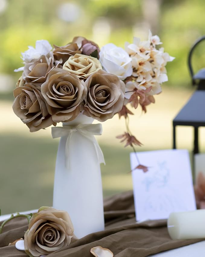 LFF 10pcs Silk Roses Artificial Flowers Fake Long Stem Roses for DIY Wedding Bouquet Home Decoration (Coffee)
