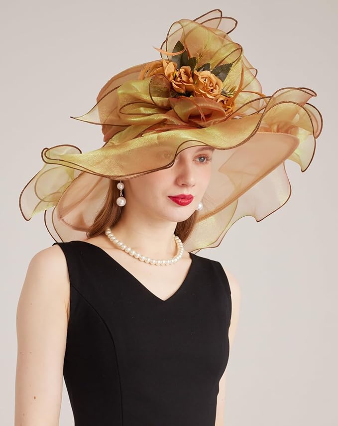 Organza Derby Hats for Women Wide Brim Fascinator Hat Rose Flower Wedding Tea Party Hat
