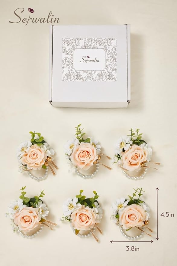 Serwalin 6 PCS Champagne Rose Wrist Corsages Wristlet for Wedding, Corsages for Prom Party Homecoming Corsage Hand Decor for Bride Bridesmaids, Mother of Bride and Groom
