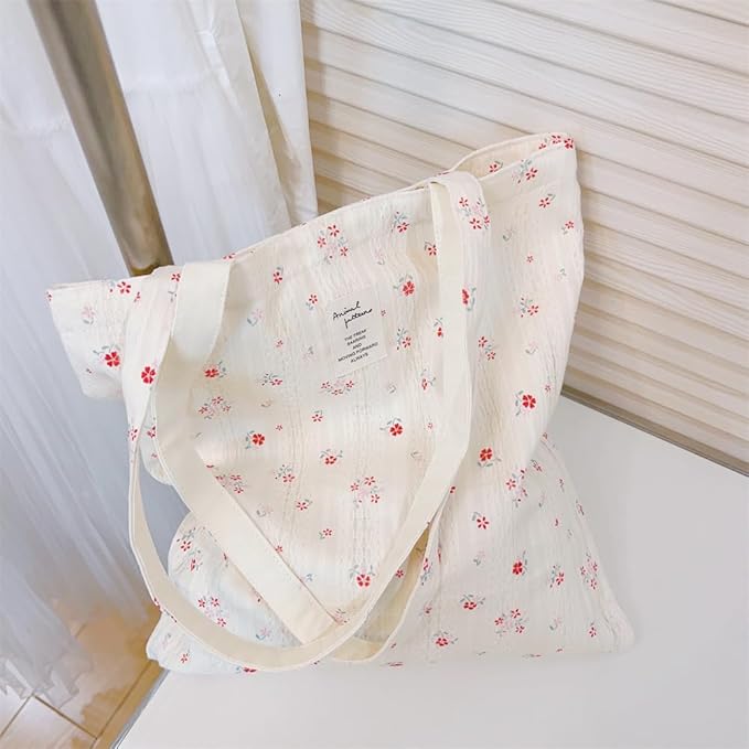 Cotton Canvas Tote Bag Reusable Soft Grocery Cloth Bag Floral Shoulder Bag for Beach Travel Shopping
