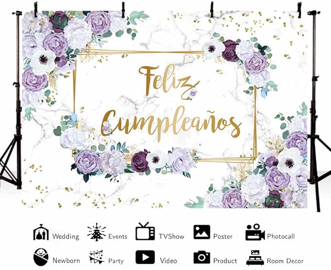 MEHOFOND 8x6ft Feliz cumpleaños Backdrop Purple and White Flower Birthday Photography Background Girls Geometric Gold Glitter Dots Birthday Floral Party Decorations Cake Smash Decor Studio Photo Props