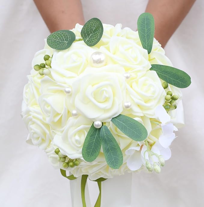 Lightweight Bridal Wedding Bouquet Round Holding Bouquet Throw Toss Artificial Rose Flower Bunch for Bride Bridesmaid Wedding Quinceanera (Cream, 9.1")