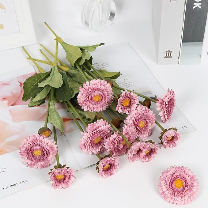8pcs Chrysanthemum Flowers Artificial Fake Silk Pot Marigold Flowers Faux Daisy Bouquet with Stems for Home Wedding Dining Table Party Decor(Light Purple)