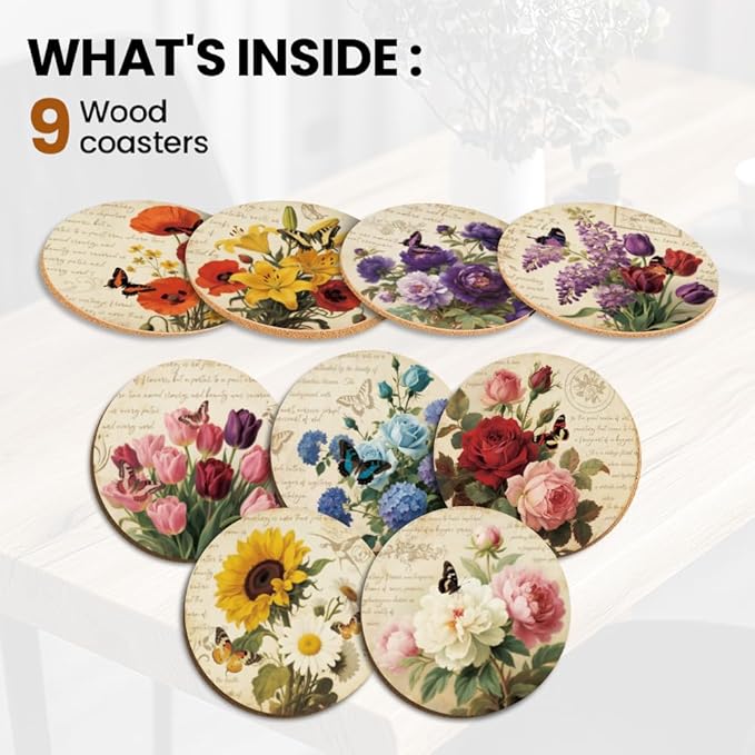 ANATTASOUL Coasters Set of 9 Retro Flowers Pattern Colorful Wooden Coasters Bulk Round Housewarming Gift for New Home, 3.9" Decorative Coffee Table Protection for Farmhouse Bar House Decor