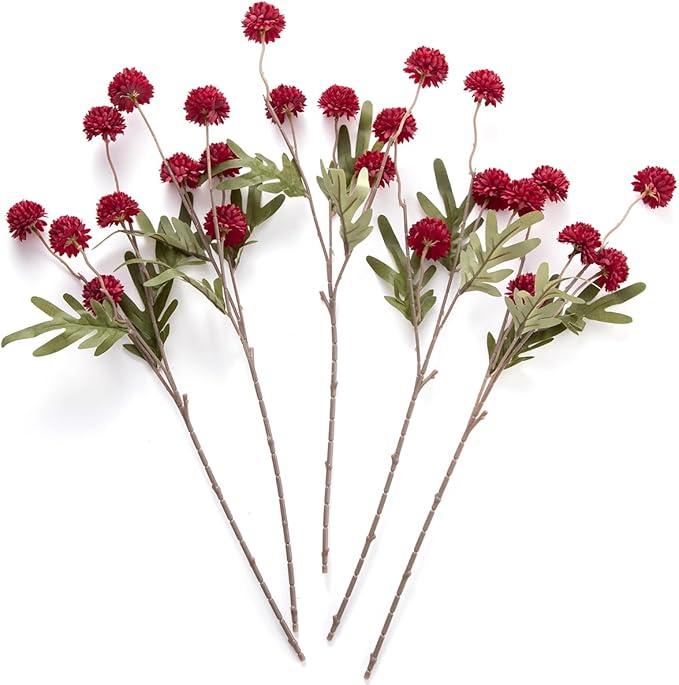 Laelfe Artificial Kiku Flower Wind Red- 5 Pcs Fake Pompon Mums Silk Small Chrysanthemum Faux Ball Fall Flower Stem Decor for Wedding Filler DIY Bouquet Centerpieces Arrangements Shower (Dark Red)