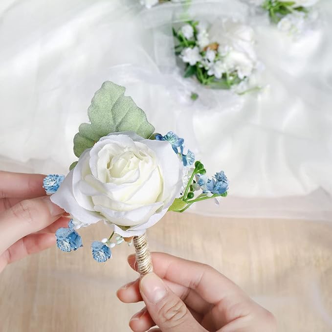 White & Blue Rose Corsage and Men Boutonniere Set for Wedding Ivory Corsages Wristlet Band Bracelet for Wedding Flowers Accessories Prom Homecoming Suit Decorations