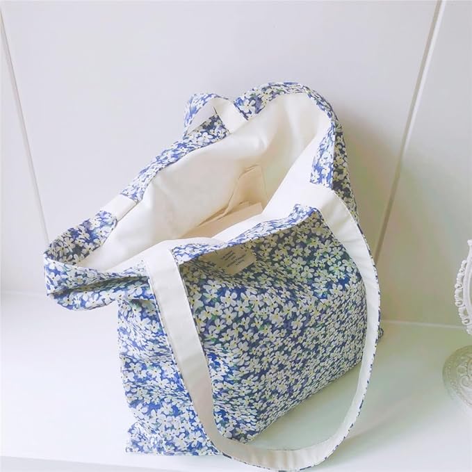 Cotton Canvas Tote Bag Reusable Soft Grocery Cloth Bag Floral Shoulder Bag for Beach Travel Shopping