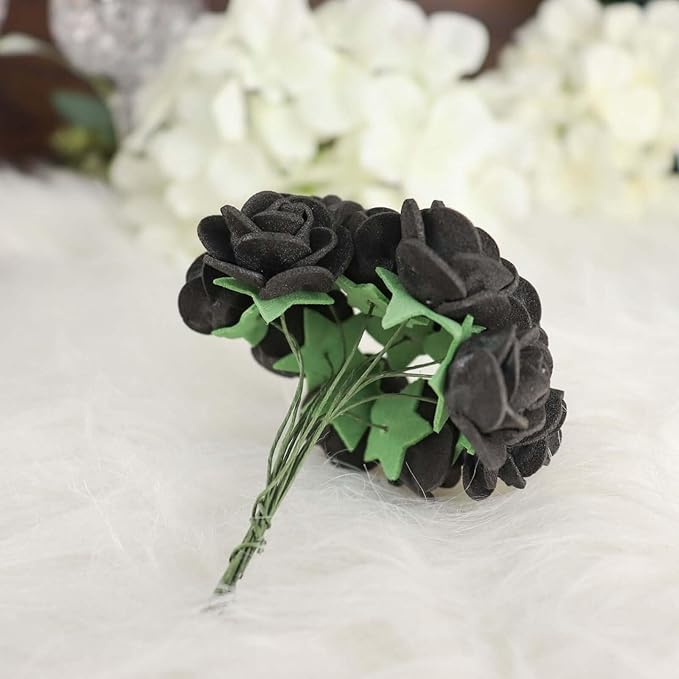 Efavormart 48 Roses | 4" Tall Black Real Touch Artificial DIY Foam Rose Flowers with Stem, Craft Rose Buds