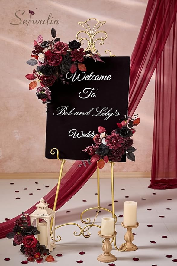 Serwalin Artificial Burgundy Black Flowers, Red Roses Silk Flowers for DIY Wedding Bridal Bouquets, Fake Halloween Black Flowers for Table Centerpieces Baby Shower Birthday Party Home Decorations