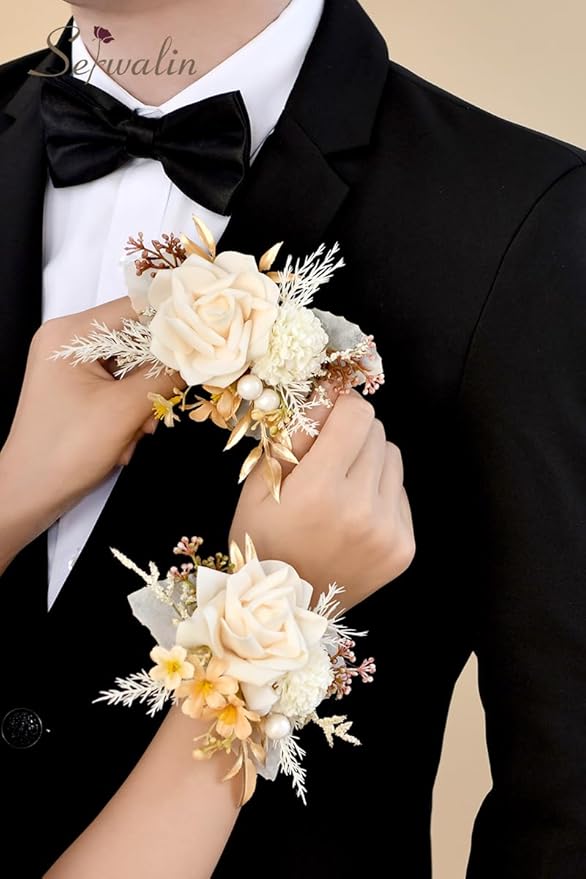 Serwalin Champagne Corsage and Boutonniere Set 𝟮𝙥𝙘𝙨, 𝟲-𝟳 𝙄𝙣𝙘𝙝 Boutonniere and Wrist Corsage Wristband Prom Flower Wedding Flowers Accessories Prom Suit Decorations Cake Topper