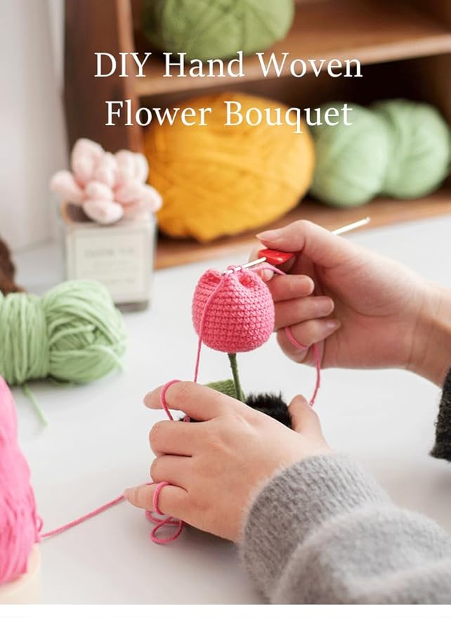 Crochet Flowers Bouquet Crochet Tulip Flower Pink Crochet Knitted Flowers for Teacher's Day Mother's Day Valentine's Day Birthday Home Decor(Medium-Pink Tulip)