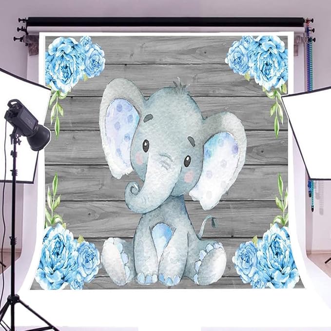 AOFOTO 10x10ft Elephant Rustic Grey Wooden Backdrop for Boy Baby Shower Watercolor Blue Floral Cartoon Animal Gender Reveal Photography Background It's a Boy Newborn Kids Birthday Party Decoration