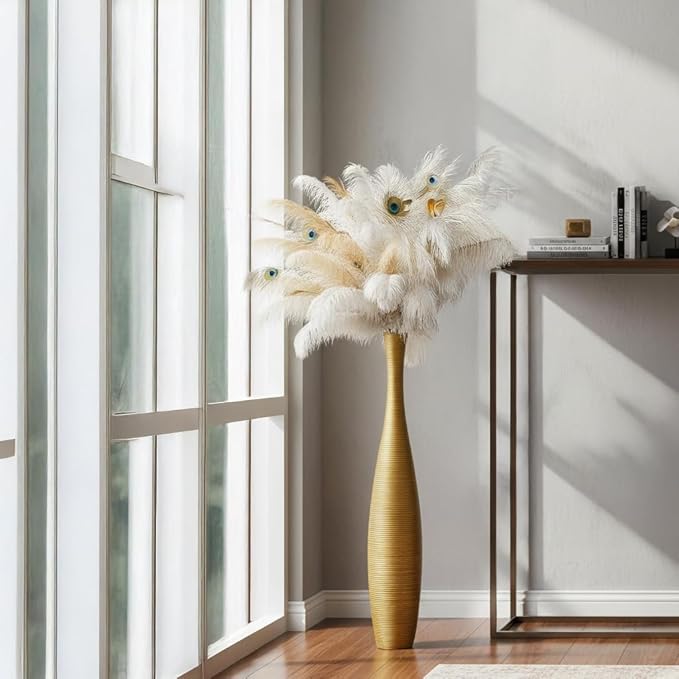 Tall Floor Vase, Large Vases for Rustic Home Decor Modern Farmhouse, Sturdy, Luxury, Textured, Vessel for Decorative Branches Dried Flowers, 27.5 inches Floor Vase for Decor, Gold Vases
