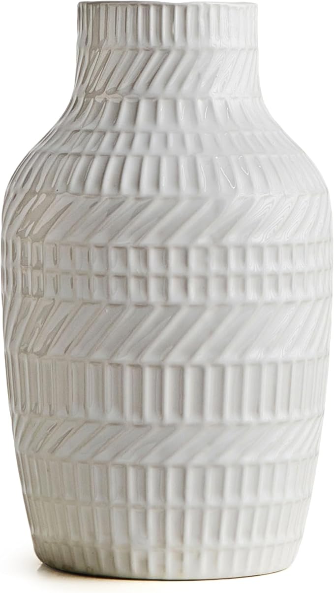 Modern White Ceramic Vase, Boho Flower Vases for Decor, 5.1" W x 8.7" H Modern Vase with Textured Pattern Table Centerpiece for Living Room Office Bedroom (White Vase)