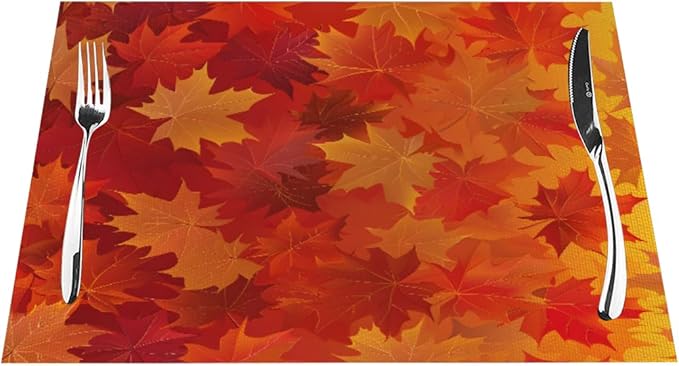 PVC Placemats Set of 6 Wipeable Table Mats Washable Heat Resistant Non Slip Vinyl Dining Table Mat for Kitchen Indoor Outdoor Patio Farmhouse Place Mats Orange Thanksgiving Maple Decorative