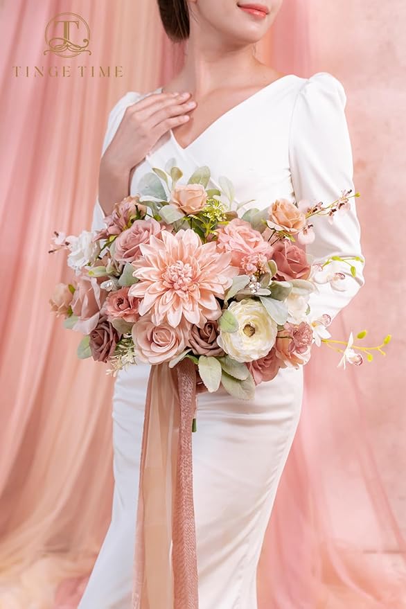 TINGE TIME 13 Inch Wedding Bouquets for Bride,Bridal Bouquet for Bride, Artificial Silk Flowers for Wedding Ceremony and Anniversary (Dusty Rose & Cream)